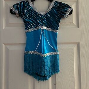Girls Teal Sequin Fringe Dance Costume with Zebra-Print Bodice
